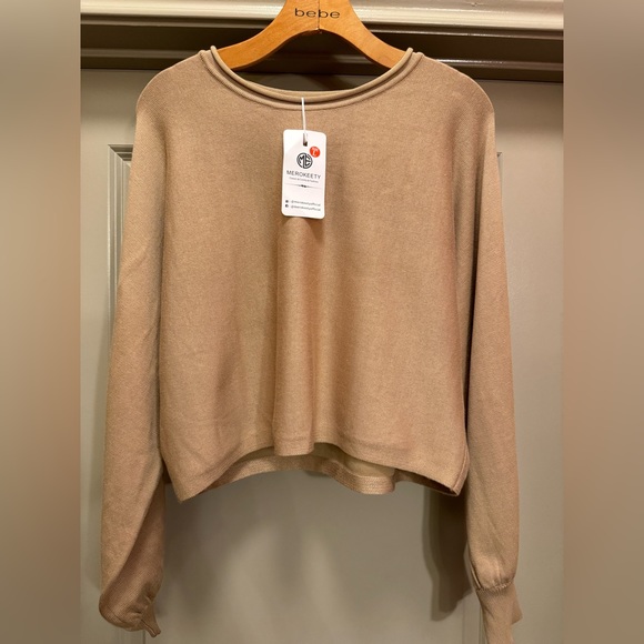 MEROKEETY Women's Tan Crewneck Cropped Sweater size L - Picture 3 of 16